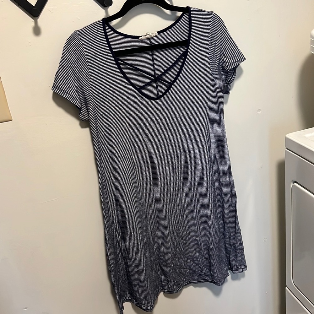 Navy blue striped knit tee shirt dress with criss cross detail